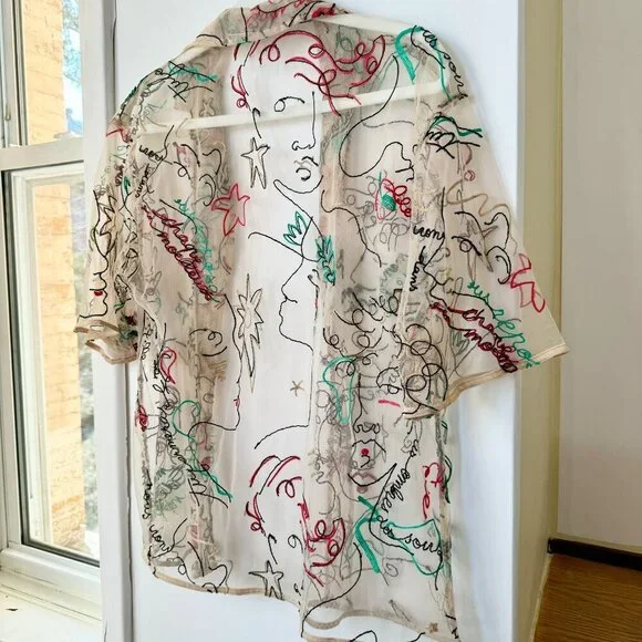 Aritzia Babaton Sheer Abstract Print Button Down Short Sleeve Shirt Embroidered - Picture 6 of 9